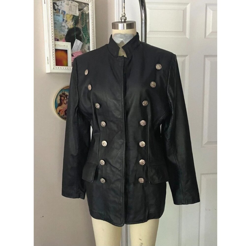 Women's Black Double-Breasted Leather Military Jacket Grunge Goth